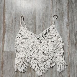 American Eagle White Crochet Top Fringe Spaghetti Strap Boho Festival Sz M